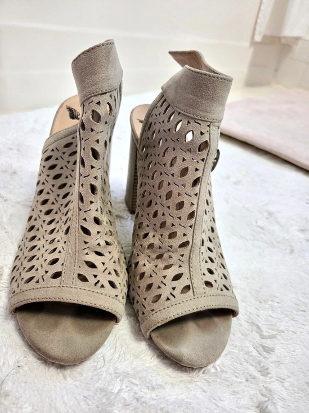 Penny Loves Kenny Peep Toe Cutout Booties in Tan